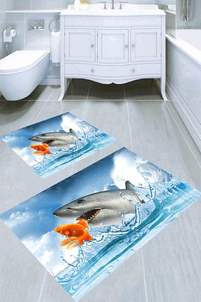 MODANOİVA سجادة حمام منقوشة مكونة من قطعتين من Fish's Friendship (50x60 - 60x100)