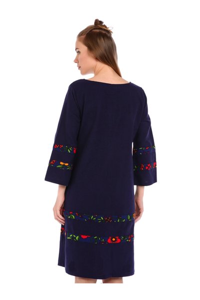 İna Plain Navy Blue Fabric Winter Dress with Original Garnish and Pockets