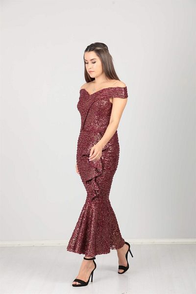 giyimmasalı Boat Neck Skirt Flounce Ruffle Detailed Sequin Dress - Claret Red