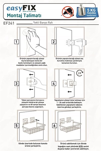 Teknotel Delme Vida Matkap Yok! Easyfıx Yapıskanlı Tek Katlı Banyo Rafı Mat Siyah Ef241
