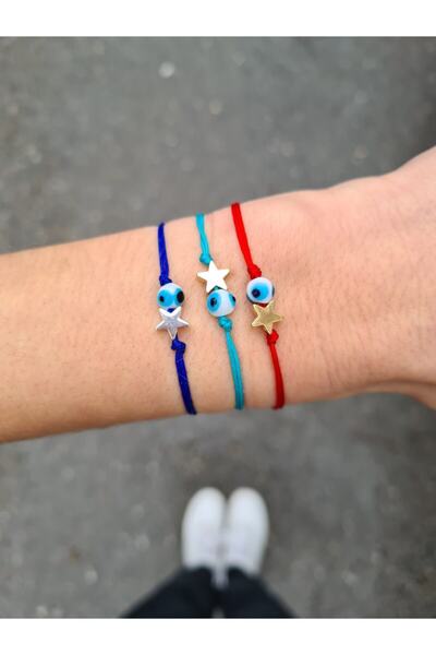 ONEPRETTYWISH Kırmızı Ip Gümüş Rengi Yıldız Ve Nazar Ipli Bileklik