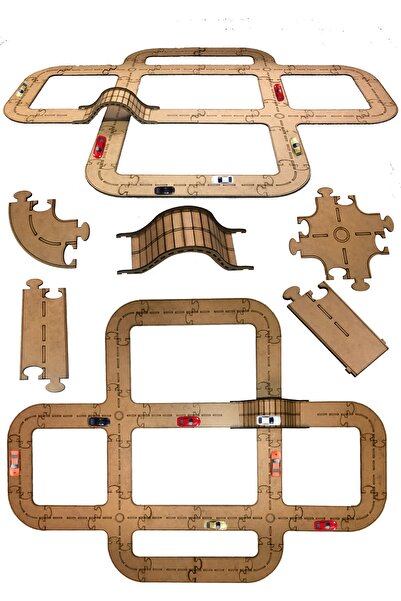 Tahtakurusu Tasarım Eğitici Montessori Ahşap Puzzle Otoyol Seti (Boyanabilir)