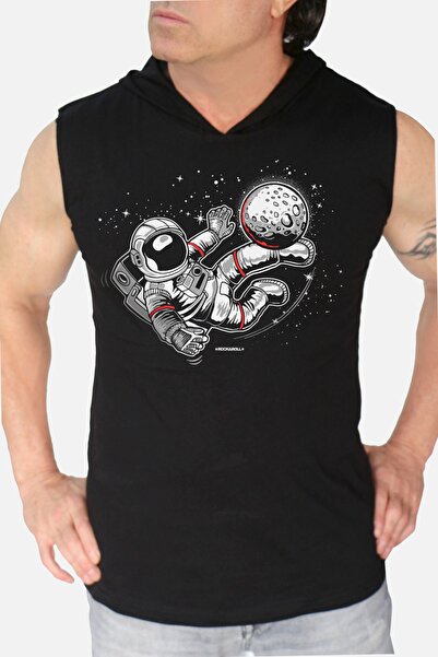 ROCKANDROLL Tricou fără mâneci cu glugă astronaut de fotbalist negru pentru b...