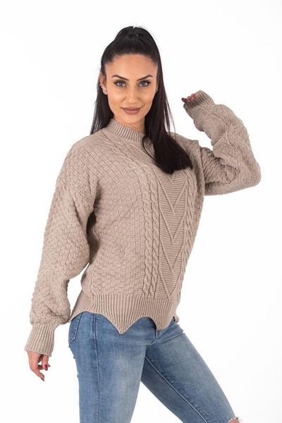 Lafaba Women's Beige Fishbone Pattern Knitwear Sweater