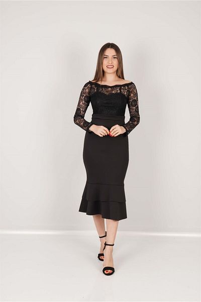 giyimmasalı Φόρεμα με φούστα φούστα Guipure Bottom Scuba Flounce - Μαύρο