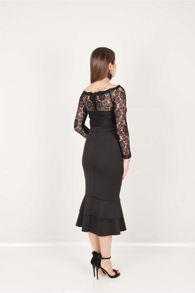 giyimmasalı Üst Güpür Alt Scuba Eteği Volanlı Elbise - Siyah