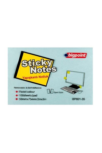 Bigpoint Blue Note Paper 75x50mm - Adhesive Pack of 12