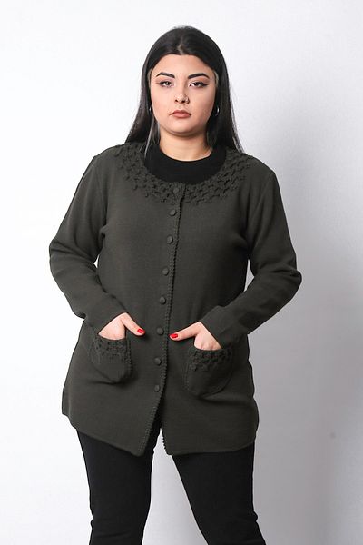 Laden Women's Knitwear Woolen Handcrafted Furry Mother Khaki Thick Cardigan