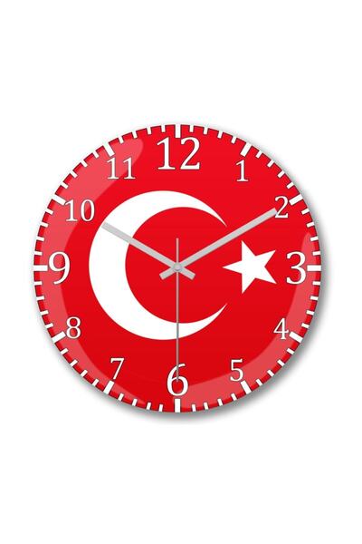 Baskı Dükkanı Türk Bayrağı Sessiz Duvar Saati Bombeli Gercek Cam