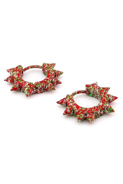 Solfera Punk Dikenli Kırmızı Yeşil Desenli Çelik Halka Küpe E880