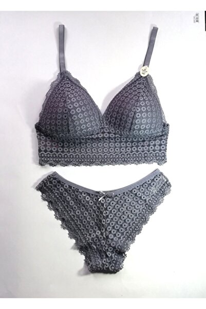 Koza Women's Gray Embossed Patterned Bralet Bustier Suit New Season