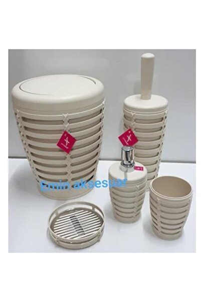 Prima Nova Primanova Palm 5 Parça Yuvarlak Çöp Kovalı Banyo Seti Bej Krem