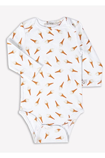 Ozmoz By Mukadder Özden Ice Cream Printed Long Sleeve Organic Baby Girl Bodysuit with Snap Detail