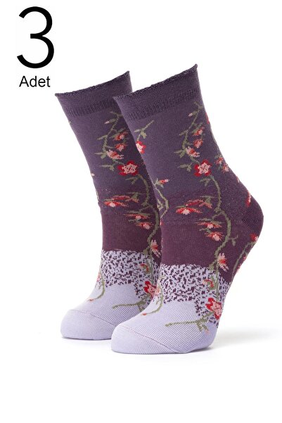 Ciorap 3'lü Kadın Çiçek Desenli Çorap 3420-a3