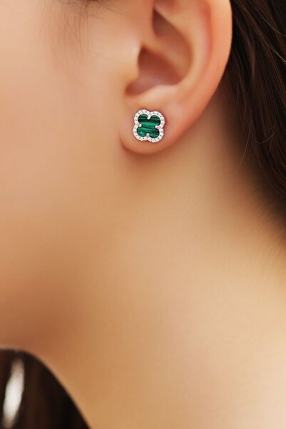 MorMajor Silver Çiftli, Yeşil Taşlı Yonca Gümüş Küpe