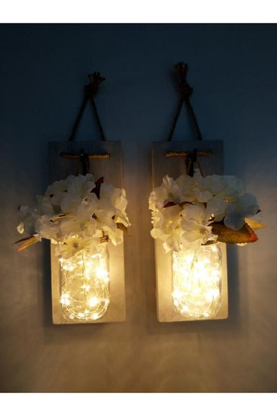 CajuArt Decorative Double Jar Artificial Flower Fairy Led Light Sconce