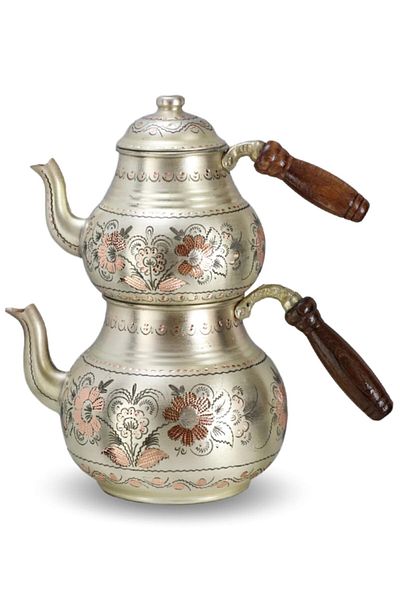 MORYA Copper Teapot Silver Patterned Pewter 2.4 Lt for 5-6 People