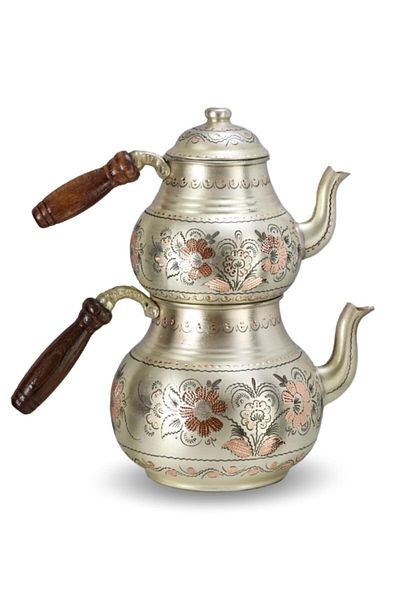 MORYA Copper Teapot Silver Patterned Pewter 2.4 Lt for 5-6 People
