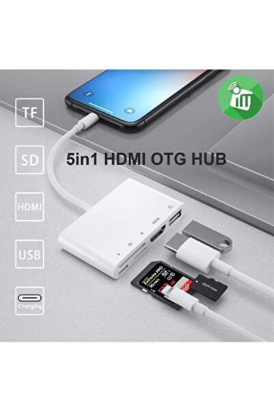 Ally Mobile 5in1 Lightning Hdmı Dijital Av Adaptör+ Otg Usb Hub Kamera Tf Sd Okuyucu - Beyaz