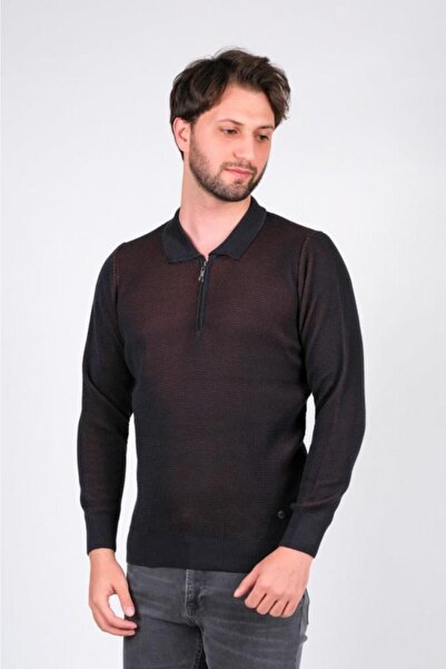 Çizgi Triko Ανδρικό πλεκτό πουλόβερ με φερμουάρ με λαιμόκοψη πόλο με μοτίβο κλασική μέση και μανίκι ελαστικό υφαντό ατσάλι