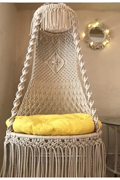Turuncu Tasarım Minderli Makrome Hamak Salıncak Krem Renk