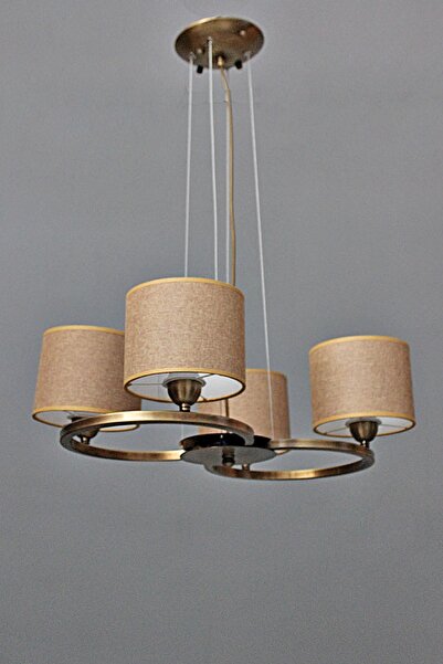 Avize çarşısı , Olimpia 4 Lü Avize, Eskitme Metal Kasa, Açık Kahverengi Hasır Desen Kumaş Abajur