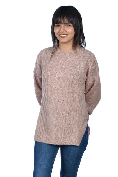mykonsept Crew Neck Slit Women's Wool Sweater Powder