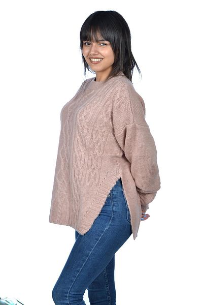 mykonsept Crew Neck Slit Women's Wool Sweater Powder