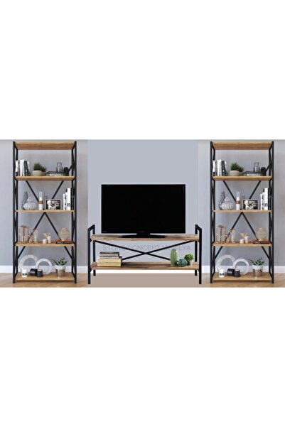 STONE CONCEPT MOBİLYA Kitaplık Ve Tv Sehpası Seti 3lü Yaşam Ünitesi Seti Çam