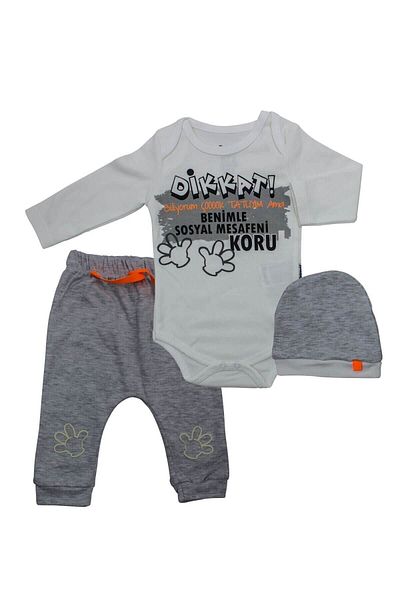 Miniworld Baby Boy Gray Social Distance Attention 3 Piece Baby Set K3292