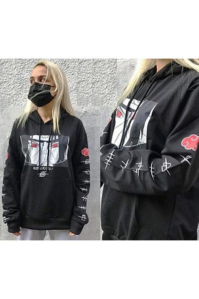 Köstebek Unisex Μαύρο φούτερ Naruto Uchıha με κουκούλα