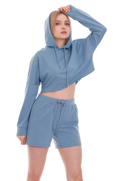 DISENTIS MODEST Set pantaloni scurți crop cu glugă albastră