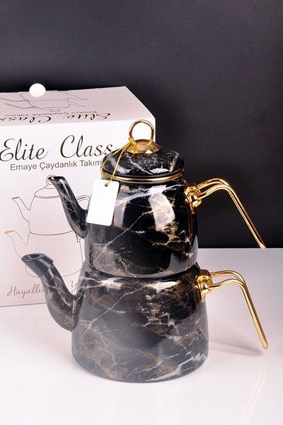 Bayev Elite Class Black Marble Patterned Enamel Teapot