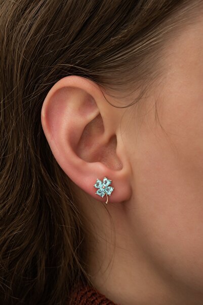 Nereze Kadın 925 Ayar Aquamarin Taşlı Yonca Küpe Gümüş Küpe