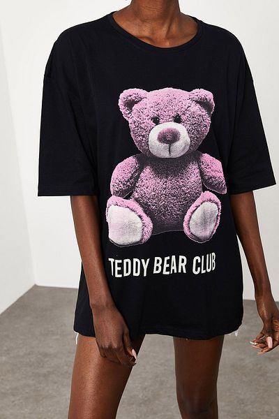 XHAN Women's Black Teddy Bear Printed Casual T-Shirt 1KZK1-11552-02