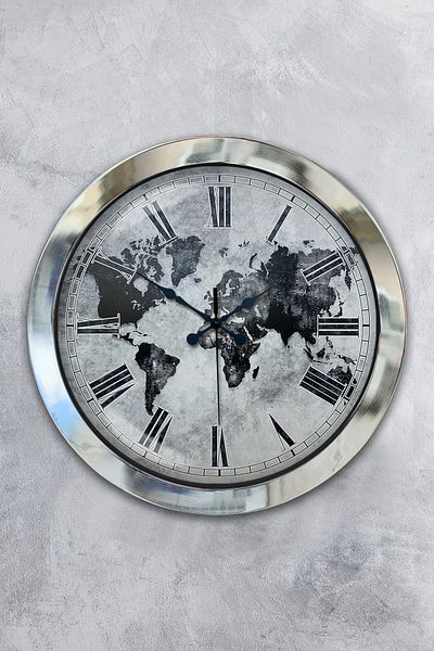 Kasva Concept 36 cm Chrome Metal Antique World Wall Clock