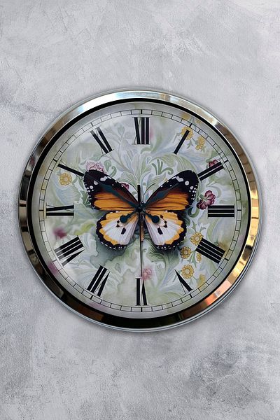 Kasva Concept Gift 40 cm Chrome Metal Butterfly Wall Clock