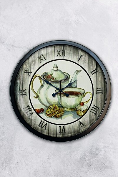 AİB STORE ساعة حائط للمطبخ بتصميم إبريق شاي معدني أسود مقاس 40 سم