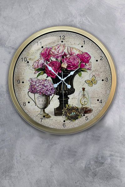 Kasva Concept 40 cm Antique Metal Pink Flower Wall Clock
