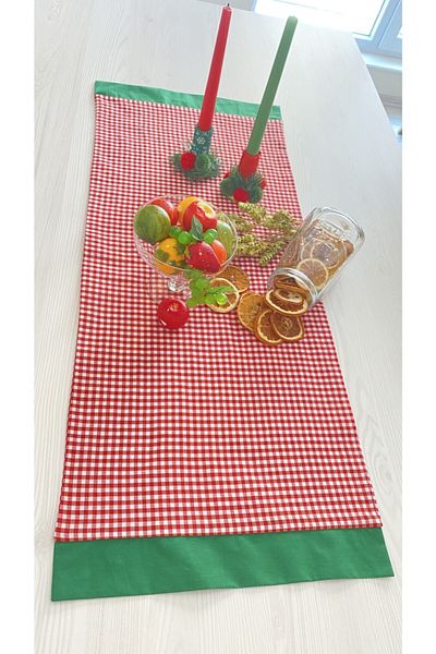 White Alamode Seria Gingham Roșu Alb În carouri Green Stripe Runner
