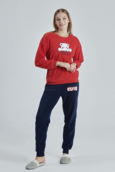 Alissa Kadın Kırmızı Polar Pijama Takımı Yuvarlak Yaka