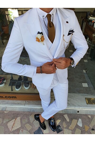 SARDINELLI Özel Üretim Dar Kesim Geniş Yaka Yün Yelekli Takım Elbise