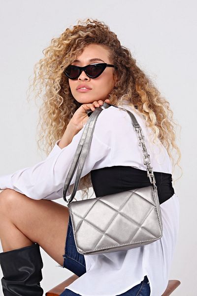 Güce Silver Anthracite Large Quilted Plastic Chain Strap Hand and Shoulder Bag Gc015812