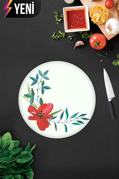Decorita Flower Motif Patterned |   Glass Cutting Board - Glass Cutting Board |   Diameter 32cm