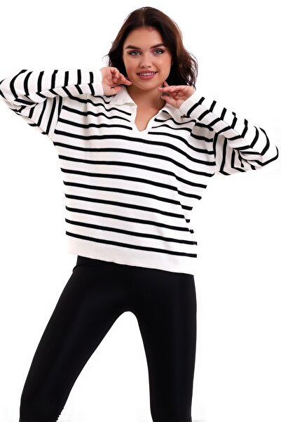 Mrt Tricotaj în dungi cu gât polo Pulover Crem