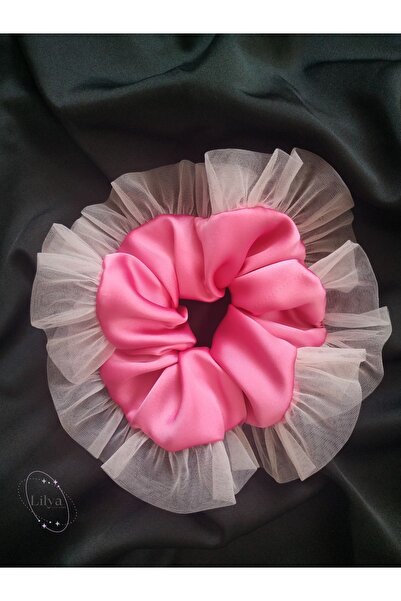TOKALİLYA Kadın Lastikli Saten Tüllü Fırfırlı Fuşya Pembe Scrunchie Saç Toka