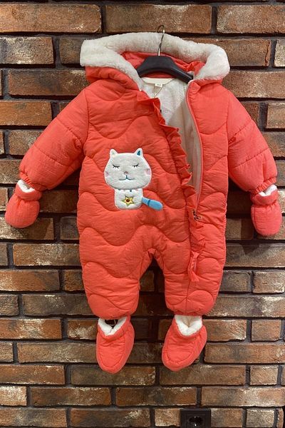 PODİUM GİYİM New Cute Cat Figured Ruffle Detailed Zippered Hooded Welsoft Cosmonaut Jumpsuit