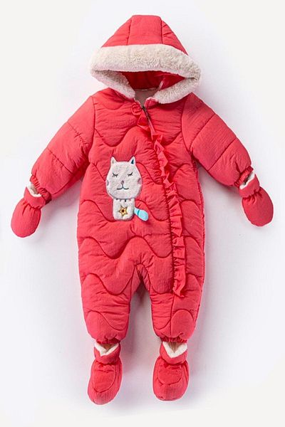 PODİUM GİYİM New Cute Cat Figured Ruffle Detailed Zippered Hooded Welsoft Cosmonaut Jumpsuit