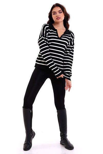 Mrt Pulover din tricot cu dungi cu gât polo, negru