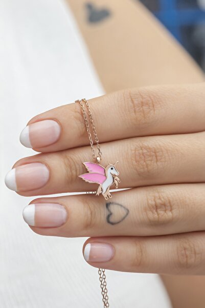 Nereze 925 Ayar Gümüş Rose Pembe Mineli Unicorn Kolye